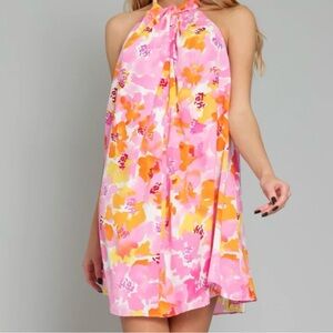 Aakaa Women’s Twist Front Colorful Abstract Floral Mini Dress, Size Medium